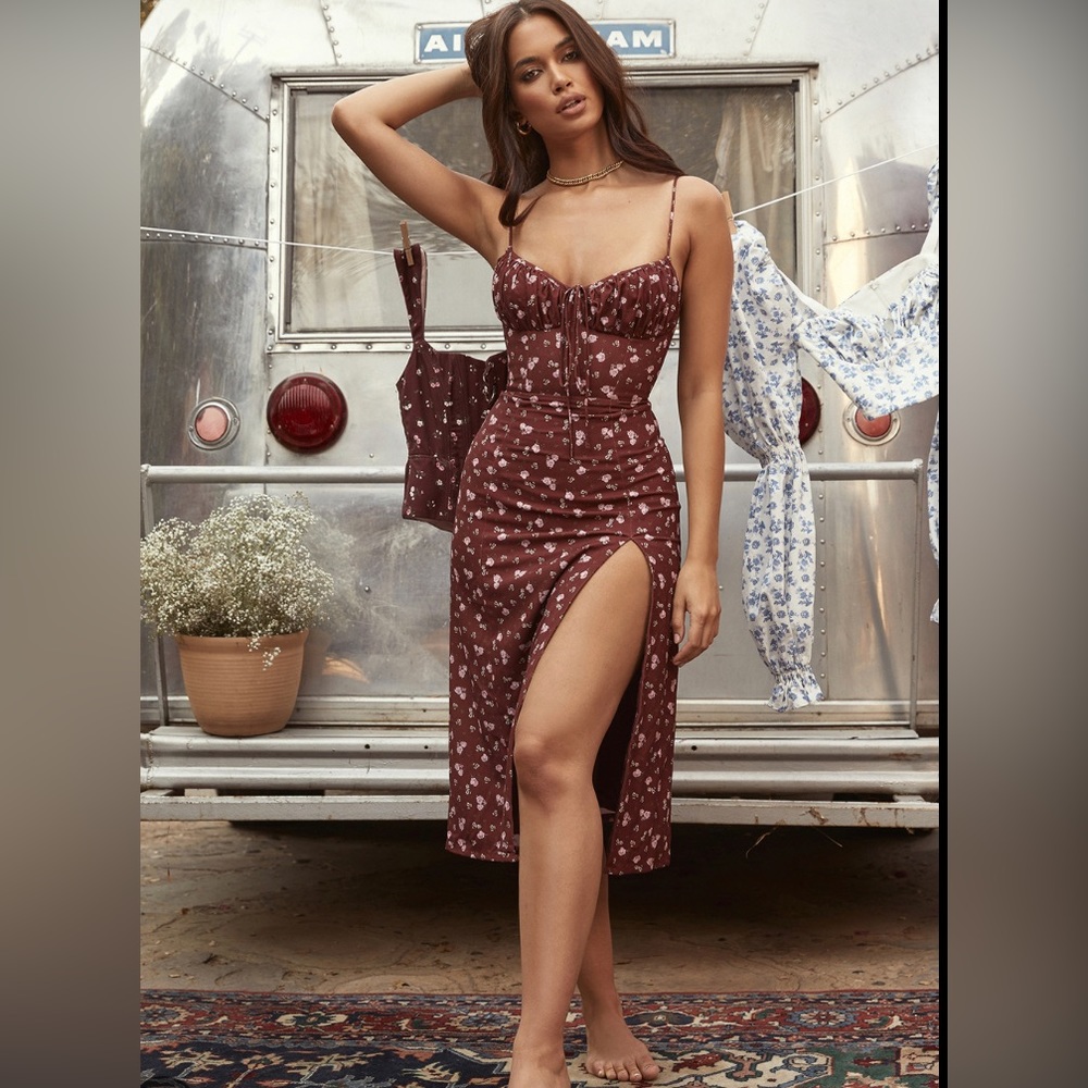 House of CB 'Carina' Wine Floral Bustier Midi Dress, Small